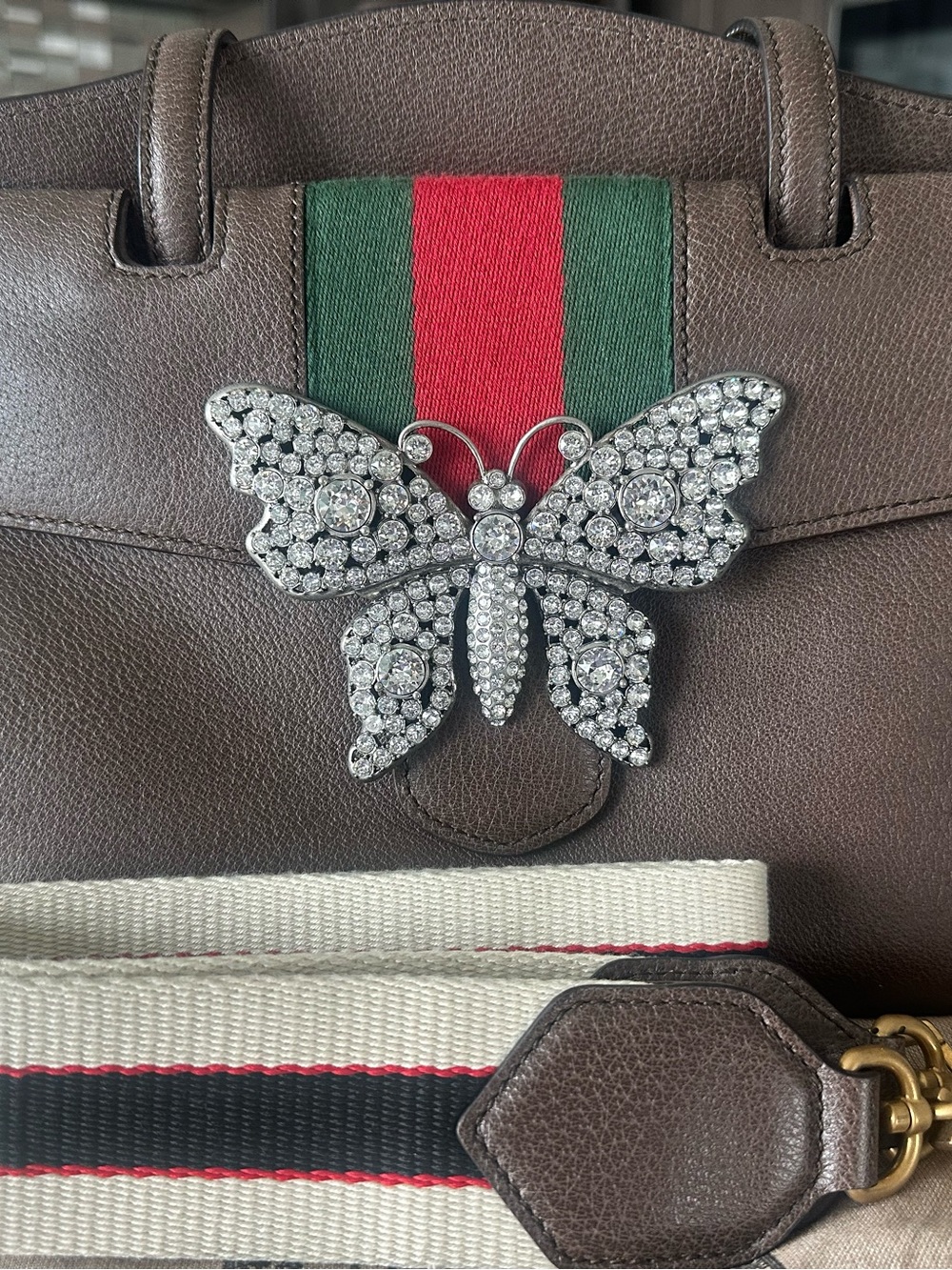 Gucci Loved Crystal Butterfly Web Shoulder Bag Brown Calfskin Leather w/Strap